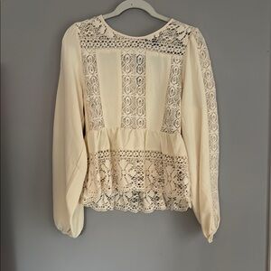 Forever 21 Cream Embellished Peplum Blouse with Puff Sleeves